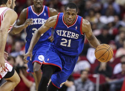 Mar 27, 2014; Houston, TX, USA; Philadelphia 76ers forward Thaddeus Young (21) drives the ball during the fourth quarter against the Houston Mar 27, 2014; Houston, TX, USA; Philadelphia 76ers forward Thaddeus Young (21) drives the ball during the fourth quarter against the Houston