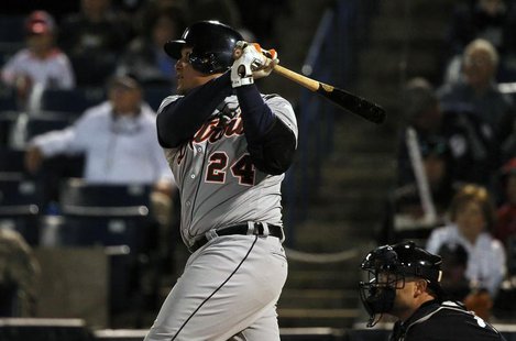 Mar 7, 2014; Tampa, FL, USA; Detroit Tigers first baseman Miguel Cabrera (24) doubles during the first inning against the New York Yankees a Mar 7, 2014; Tampa, FL, USA; Detroit Tigers first baseman Miguel Cabrera (24) doubles during the first inning against the New York Yankees a