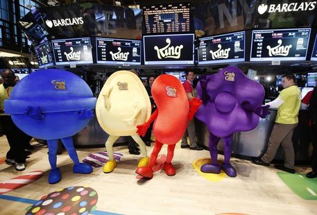 Mascots dressed as characters from the mobile video game "Candy Crush Saga" pose during the IPO of Mobile game maker King Digital Entertainm Mascots dressed as characters from the mobile video game "Candy Crush Saga" pose during the IPO of Mobile game maker King Digital Entertainm