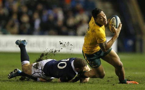 Australia's Israel Folau is tackled by Scotland's Duncan Weir during their rugby union international test match at Murrayfield Stadium in Ed Australia's Israel Folau is tackled by Scotland's Duncan Weir during their rugby union international test match at Murrayfield Stadium in Ed
