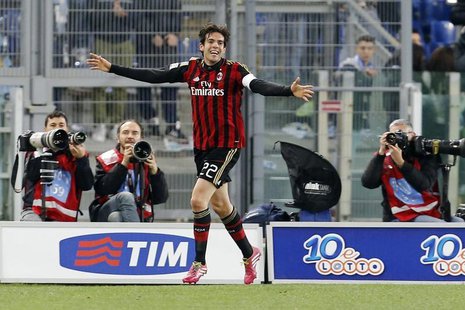 AC Milan's Ricardo Kaka celebrates after scoring against Lazio during their Italian Serie A soccer match at the Olympic stadium in Rome Marc AC Milan's Ricardo Kaka celebrates after scoring against Lazio during their Italian Serie A soccer match at the Olympic stadium in Rome Marc