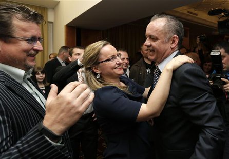 Slovakia's presidential candidate Andrej Kiska (R) is congratulated by his supporters at his party headquarters after the first unofficial r Slovakia's presidential candidate Andrej Kiska (R) is congratulated by his supporters at his party headquarters after the first unofficial r