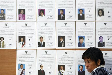 An official sits in front of a board with lists of candidate as she waits for voters at a polling station in Bangkok during a vote to elect An official sits in front of a board with lists of candidate as she waits for voters at a polling station in Bangkok during a vote to elect
