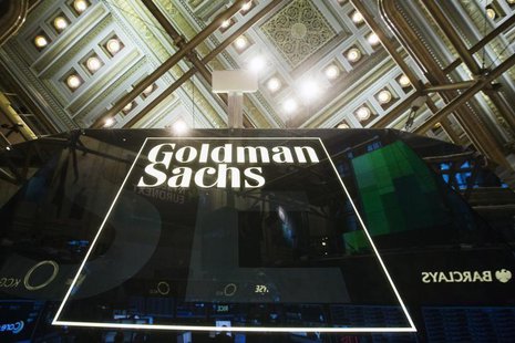 A Goldman Sachs sign is seen above the floor of the New York Stock Exchange shortly after the opening bell in the Manhattan borough of New Y A Goldman Sachs sign is seen above the floor of the New York Stock Exchange shortly after the opening bell in the Manhattan borough of New Y