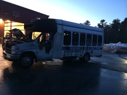 Keshena fire officials battled a bus fire at the Menominee Public Transit Building Saturday, March 29, 2014. (Photo from: Keshena Fire Department.) Keshena fire officials battled a bus fire at the Menominee Public Transit Building Saturday, March 29, 2014. (Photo from: Keshena Fire Department.)