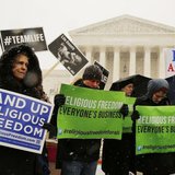 Protesters pray at the steps of the Supreme Court as arguments begin today to challenge the Affordable Care Act's requirement that employers Protesters pray at the steps of the Supreme Court as arguments begin today to challenge the Affordable Care Act's requirement that employers