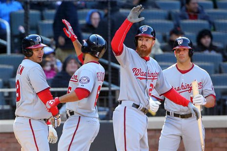 Mar 31, 2014; New York, NY, USA; Washington Nationals second baseman Anthony Rendon (6) celebrates his three run home run against the New Yo Mar 31, 2014; New York, NY, USA; Washington Nationals second baseman Anthony Rendon (6) celebrates his three run home run against the New Yo