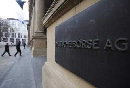 The plaque of the Deutsche Boerse AG is pictured at the entrance of the Frankfurt stock exchange February 1, 2012. REUTERS/Alex Domanski The plaque of the Deutsche Boerse AG is pictured at the entrance of the Frankfurt stock exchange February 1, 2012. REUTERS/Alex Domanski