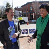 Councilmember Muriel Bowser (R) talks to people in Precinct 89 Eastern Market during the District of Columbia Democratic mayoral primary ele Councilmember Muriel Bowser (R) talks to people in Precinct 89 Eastern Market during the District of Columbia Democratic mayoral primary ele