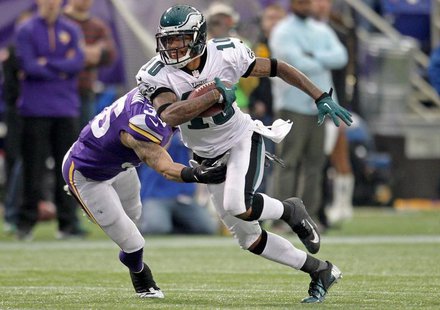 Dec 15, 2013; Minneapolis, MN, USA; Philadelphia Eagles wide receiver DeSean Jackson (10) carries the ball during the fourth quarter against Dec 15, 2013; Minneapolis, MN, USA; Philadelphia Eagles wide receiver DeSean Jackson (10) carries the ball during the fourth quarter against