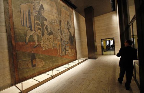 A 19-by-20-foot theater curtain "Le Tricorne" painted by Pablo Picasso hangs at the Four Seasons restaurant in New York City, April 1, 2014. A 19-by-20-foot theater curtain "Le Tricorne" painted by Pablo Picasso hangs at the Four Seasons restaurant in New York City, April 1, 2014.