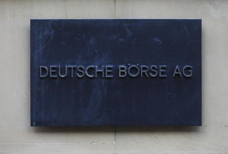 The plaque of the Deutsche Boerse AG is pictured at the entrance of the Frankfurt stock exchange February 1, 2012. REUTERS/Alex Domanski The plaque of the Deutsche Boerse AG is pictured at the entrance of the Frankfurt stock exchange February 1, 2012. REUTERS/Alex Domanski