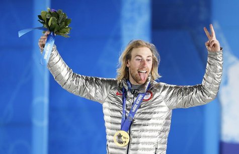 Gold medalist Sage Kotsenburg of the U.S. reacts during the medal ceremony for the men's snowboard slopestyle competition in the Olympic Pla Gold medalist Sage Kotsenburg of the U.S. reacts during the medal ceremony for the men's snowboard slopestyle competition in the Olympic Pla
