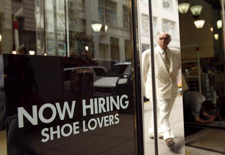 A sign in the window of a retail shoe store advertises for jobs in San Francisco, California June 3, 2010. REUTERS/Robert Galbraith A sign in the window of a retail shoe store advertises for jobs in San Francisco, California June 3, 2010. REUTERS/Robert Galbraith