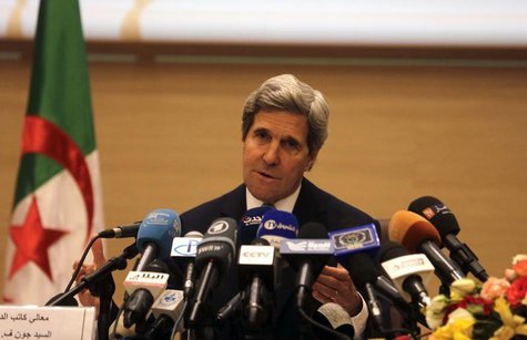U.S. Secretary of State John Kerry gestures while addressing a news conference at the foreign ministry in Algiers April 3, 2014. REUTERS/Lou U.S. Secretary of State John Kerry gestures while addressing a news conference at the foreign ministry in Algiers April 3, 2014. REUTERS/Lou