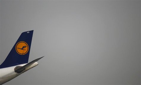 The tail wing of a Lufthansa airplane is seen as it approaches to land, during strike action by Lufthansa pilots at Fraport airport in Frank The tail wing of a Lufthansa airplane is seen as it approaches to land, during strike action by Lufthansa pilots at Fraport airport in Frank