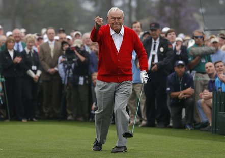 Arnold Palmer of the U.S. reacts after hitting his tee shot during the ceremonial start for the 2013 Masters golf tournament at the Augusta Arnold Palmer of the U.S. reacts after hitting his tee shot during the ceremonial start for the 2013 Masters golf tournament at the Augusta