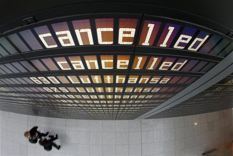 Cancelled flights of German airline Lufthansa are displayed on a flight schedule board at Munich's airport April 2, 2014. REUTERS/Michaela R Cancelled flights of German airline Lufthansa are displayed on a flight schedule board at Munich's airport April 2, 2014. REUTERS/Michaela R