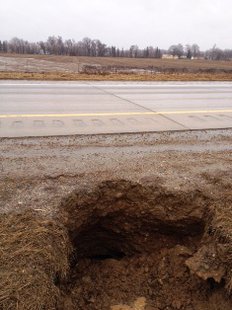 Washout on northbound I-69 in Branch County April 3, 2014 (photo courtesy of Michigan Department of Transportation) Washout on northbound I-69 in Branch County April 3, 2014 (photo courtesy of Michigan Department of Transportation)