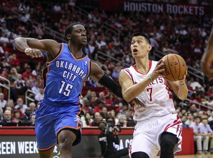 Apr 4, 2014; Houston, TX, USA; Houston Rockets guard Jeremy Lin (7) drives to the basket during the first quarter as Oklahoma City Thunder g Apr 4, 2014; Houston, TX, USA; Houston Rockets guard Jeremy Lin (7) drives to the basket during the first quarter as Oklahoma City Thunder g