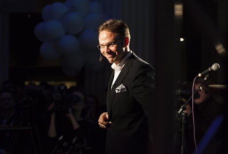 Finland's Prime Minister Jyrki Katainen gives a speech at his National Coalition party's European Parliament election event in Helsinki Apri Finland's Prime Minister Jyrki Katainen gives a speech at his National Coalition party's European Parliament election event in Helsinki Apri