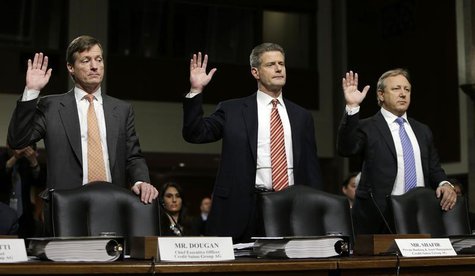(L-R) Credit Suisse officials CEO Brady Dougan, Robert Shafir and Hans Urlich-Mesiter are sworn in before the Senate Homeland and Government (L-R) Credit Suisse officials CEO Brady Dougan, Robert Shafir and Hans Urlich-Mesiter are sworn in before the Senate Homeland and Government