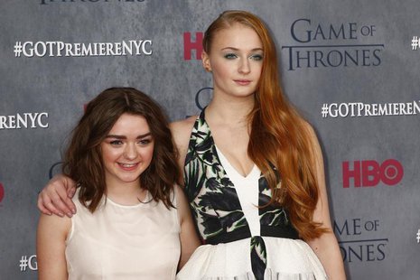 Cast members Maisie Williams and Sophie Turner arrive for the season four premiere of the HBO series "Game of Thrones" in New York March 18, Cast members Maisie Williams and Sophie Turner arrive for the season four premiere of the HBO series "Game of Thrones" in New York March 18,