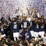 Apr 7, 2014; Arlington, TX, USA; The Connecticut Huskies celebrate winning the championship game of the Final Four in the 2014 NCAA Mens Div Apr 7, 2014; Arlington, TX, USA; The Connecticut Huskies celebrate winning the championship game of the Final Four in the 2014 NCAA Mens Div