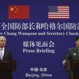 U.S. Secretary of Defense Chuck Hagel (L) and Chinese Minister of Defense Chang Wanquan participate in a joint news conference at the Chines U.S. Secretary of Defense Chuck Hagel (L) and Chinese Minister of Defense Chang Wanquan participate in a joint news conference at the Chines