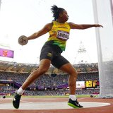 Jamaica's Allison Randall competes during her women's discus throw Group A qualification at the London 2012 Olympic Games at the Olympic Sta Jamaica's Allison Randall competes during her women's discus throw Group A qualification at the London 2012 Olympic Games at the Olympic Sta
