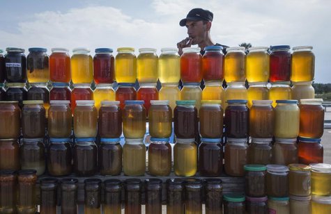 A vendor, who is also a beekeeper, sells honey at a road side market, some 170 kilometers (105 miles) north of Astana June 14, 2013. REUTERS A vendor, who is also a beekeeper, sells honey at a road side market, some 170 kilometers (105 miles) north of Astana June 14, 2013. REUTERS