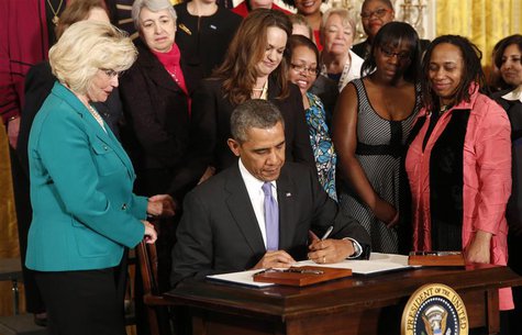 U.S. President Barack Obama signs two new executive actions aimed at increasing transparency about women's pay during an event at the White U.S. President Barack Obama signs two new executive actions aimed at increasing transparency about women's pay during an event at the White