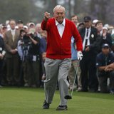 Arnold Palmer of the U.S. reacts after hitting his tee shot during the ceremonial start for the 2013 Masters golf tournament at the Augusta Arnold Palmer of the U.S. reacts after hitting his tee shot during the ceremonial start for the 2013 Masters golf tournament at the Augusta
