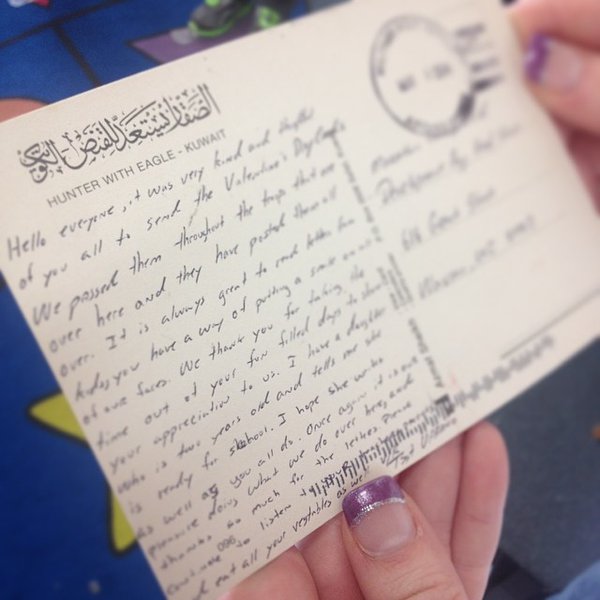 Marathon County Head Start shares a post card from overseas after contributing to our Valentine's For Soldiers Campaign.