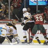 Apr 8, 2014; Saint Paul, MN, USA; Minnesota Wild right Wing Jason Pominville (29) scores his second goal of the game on Boston Bruins goalie Apr 8, 2014; Saint Paul, MN, USA; Minnesota Wild right Wing Jason Pominville (29) scores his second goal of the game on Boston Bruins goalie