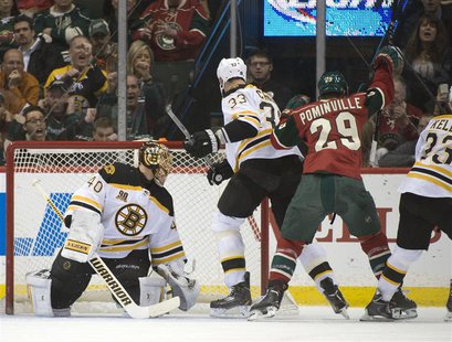 Apr 8, 2014; Saint Paul, MN, USA; Minnesota Wild right Wing Jason Pominville (29) scores his second goal of the game on Boston Bruins goalie Apr 8, 2014; Saint Paul, MN, USA; Minnesota Wild right Wing Jason Pominville (29) scores his second goal of the game on Boston Bruins goalie