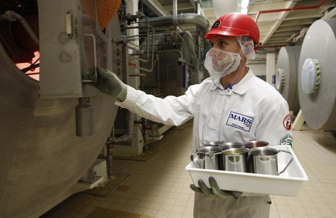 An employee holds a tray of M&M's candies at the production line of candy and chocolate maker Mars Chocolate France's plant in Haguenau, eas An employee holds a tray of M&M's candies at the production line of candy and chocolate maker Mars Chocolate France's plant in Haguenau, eas