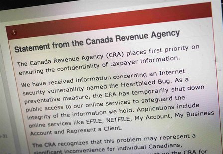 The Canada Revenue Agency website is seen on a computer screen displaying information about an internet security vulnerability called the "H The Canada Revenue Agency website is seen on a computer screen displaying information about an internet security vulnerability called the "H