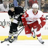 Apr 9, 2014; Pittsburgh, PA, USA; Detroit Red Wings center Darren Helm (43) skates with the puck as Pittsburgh Penguins center Brandon Sutte Apr 9, 2014; Pittsburgh, PA, USA; Detroit Red Wings center Darren Helm (43) skates with the puck as Pittsburgh Penguins center Brandon Sutte