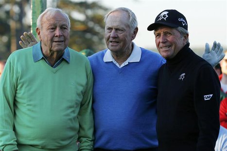Jack Nicklaus of the U.S. and fellow former Masters champions Arnold Palmer of the U.S. (L) and Gary Player of South Africa pose for a pictu Jack Nicklaus of the U.S. and fellow former Masters champions Arnold Palmer of the U.S. (L) and Gary Player of South Africa pose for a pictu