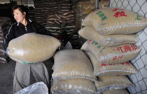 A worker carries a sack of soybeans at a food wholesale market in Shenyang, Liaoning province January 13, 2011. REUTERS/Sheng Li A worker carries a sack of soybeans at a food wholesale market in Shenyang, Liaoning province January 13, 2011. REUTERS/Sheng Li
