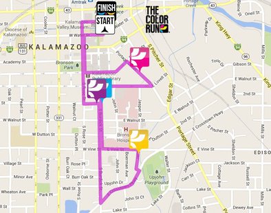 The route of this year's Color Run in Kalamazoo. The route of this year's Color Run in Kalamazoo.