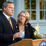 Three-term Republican Connecticut Governor John Rowland (L), with his wife Patty at his side, makes a televised address from the governor's Three-term Republican Connecticut Governor John Rowland (L), with his wife Patty at his side, makes a televised address from the governor's