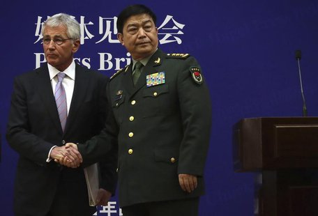 U.S. Secretary of Defense Chuck Hagel (L) shakes hands with Chinese Minister of Defense Chang Wanquan at the end of a joint news conference U.S. Secretary of Defense Chuck Hagel (L) shakes hands with Chinese Minister of Defense Chang Wanquan at the end of a joint news conference
