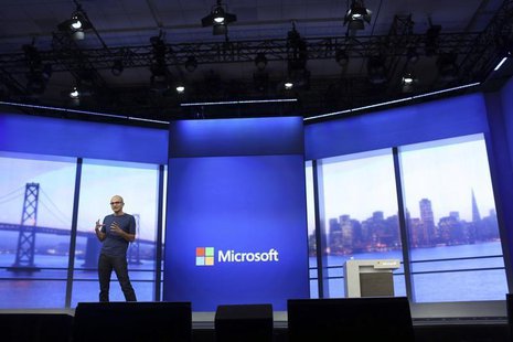 Microsoft CEO Satya Nadella gestures during his keynote address at the company's "build" conference in San Francisco, California April 2, 20 Microsoft CEO Satya Nadella gestures during his keynote address at the company's "build" conference in San Francisco, California April 2, 20