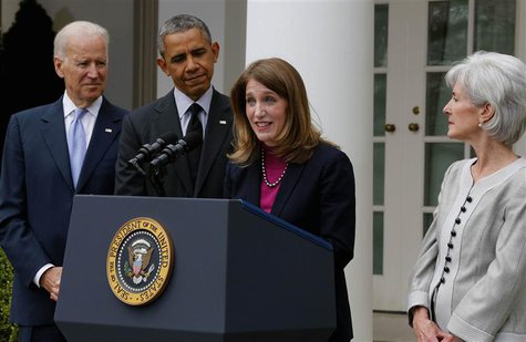 U.S. President Barack Obama (2nd L) listens after announcing Director of the Office of Management and Budget Sylvia Mathews Burwell (2nd R) U.S. President Barack Obama (2nd L) listens after announcing Director of the Office of Management and Budget Sylvia Mathews Burwell (2nd R)