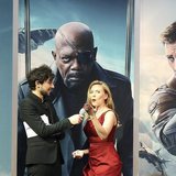 Actress Scarlett Johansson (R) gestures to the crowd during an interview at the UK premiere of "Captain America: The Winter Soldier: at Shep Actress Scarlett Johansson (R) gestures to the crowd during an interview at the UK premiere of "Captain America: The Winter Soldier: at Shep