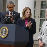 U.S. President Barack Obama (2nd L) applauds after announcing Director of the Office of Management and Budget Sylvia Mathews Burwell (2nd R) U.S. President Barack Obama (2nd L) applauds after announcing Director of the Office of Management and Budget Sylvia Mathews Burwell (2nd R)