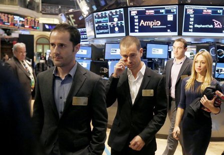 Twitter co-founders Evan Williams (L) and Jack Dorsey (C) walk together during the Twitter Inc. IPO on the floor of the New York Stock Excha Twitter co-founders Evan Williams (L) and Jack Dorsey (C) walk together during the Twitter Inc. IPO on the floor of the New York Stock Excha