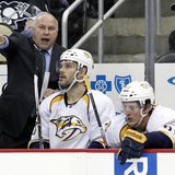 Nov 15, 2013; Pittsburgh, PA, USA; Nashville Predators head coach Barry Trotz (left) reacts on the bench against the Pittsburgh Penguins dur Nov 15, 2013; Pittsburgh, PA, USA; Nashville Predators head coach Barry Trotz (left) reacts on the bench against the Pittsburgh Penguins dur